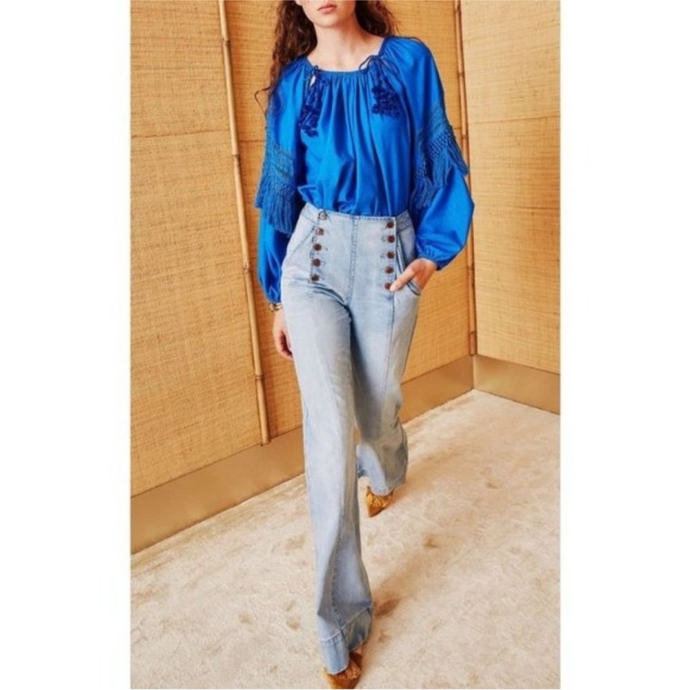 Ulla Johnson Duman Blouse Blue Silk Tassel Fringe Size 2